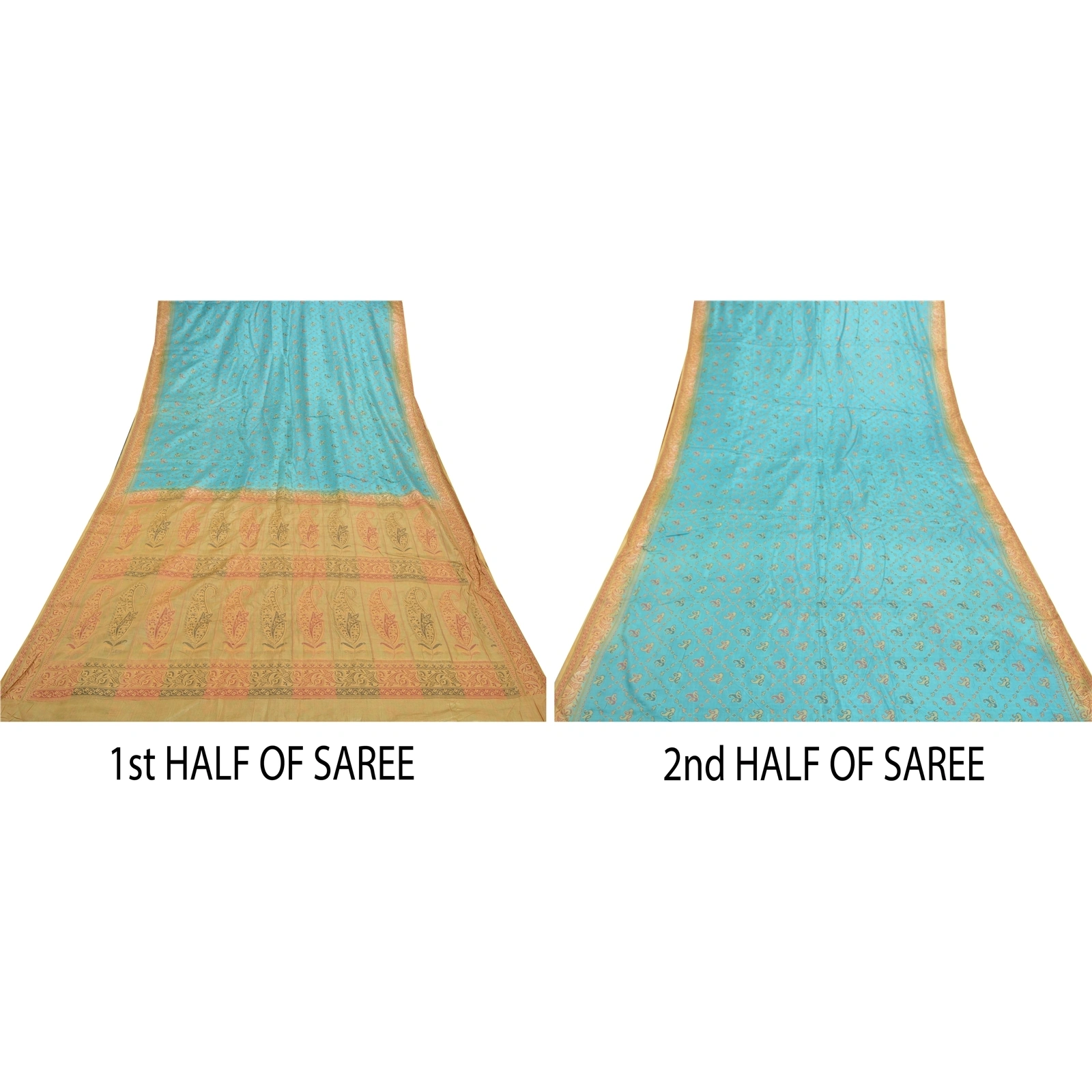 Sanskriti Vintage Turquoise Sarees Pure Silk Hand-Woven Premium Sari Fabric, PS-57713-Turquoise &amp; Cream-Hand-Woven Work-100% Pure Silk-6