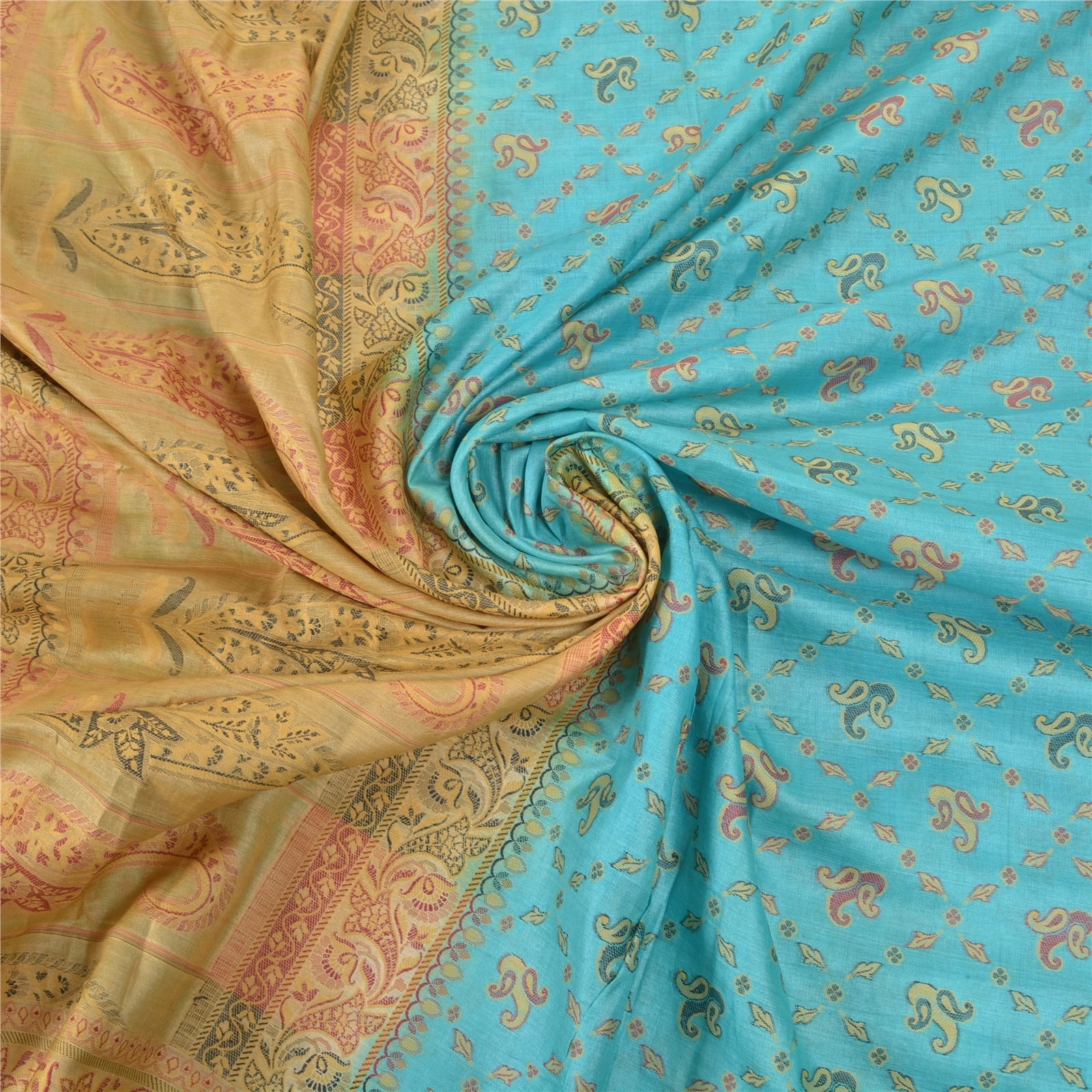 Sanskriti Vintage Turquoise Sarees Pure Silk Hand-Woven Premium Sari Fabric, PS-57713-Turquoise &amp; Cream-Hand-Woven Work-100% Pure Silk-7