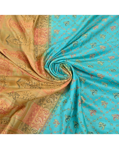 Sanskriti Vintage Turquoise Sarees Pure Silk Hand-Woven Premium Sari Fabric, PS-57713-Turquoise &amp; Cream-Hand-Woven Work-100% Pure Silk-7