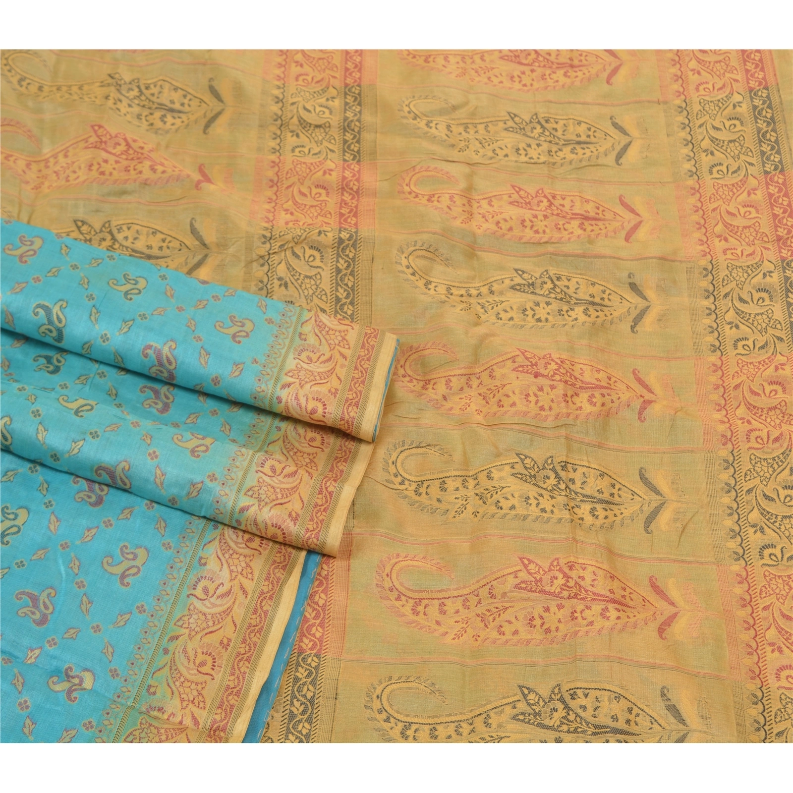 Sanskriti Vintage Turquoise Sarees Pure Silk Hand-Woven Premium Sari Fabric, PS-57713-Turquoise &amp; Cream-Hand-Woven Work-100% Pure Silk-8