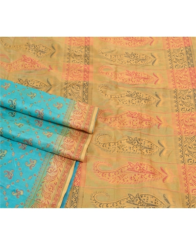 Sanskriti Vintage Turquoise Sarees Pure Silk Hand-Woven Premium Sari Fabric, PS-57713-Turquoise &amp; Cream-Hand-Woven Work-100% Pure Silk-8