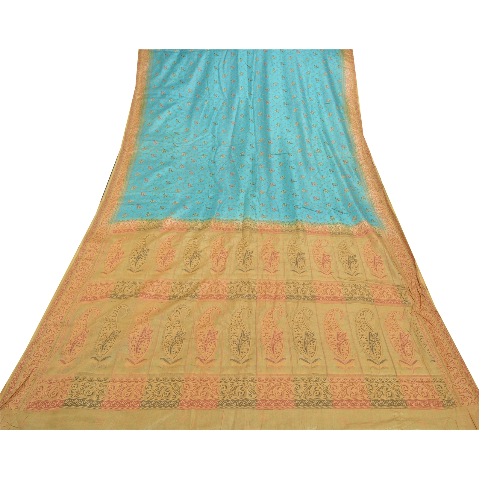 Sanskriti Vintage Turquoise Sarees Pure Silk Hand-Woven Premium Sari Fabric, PS-57713-Turquoise &amp; Cream-Hand-Woven Work-100% Pure Silk-9