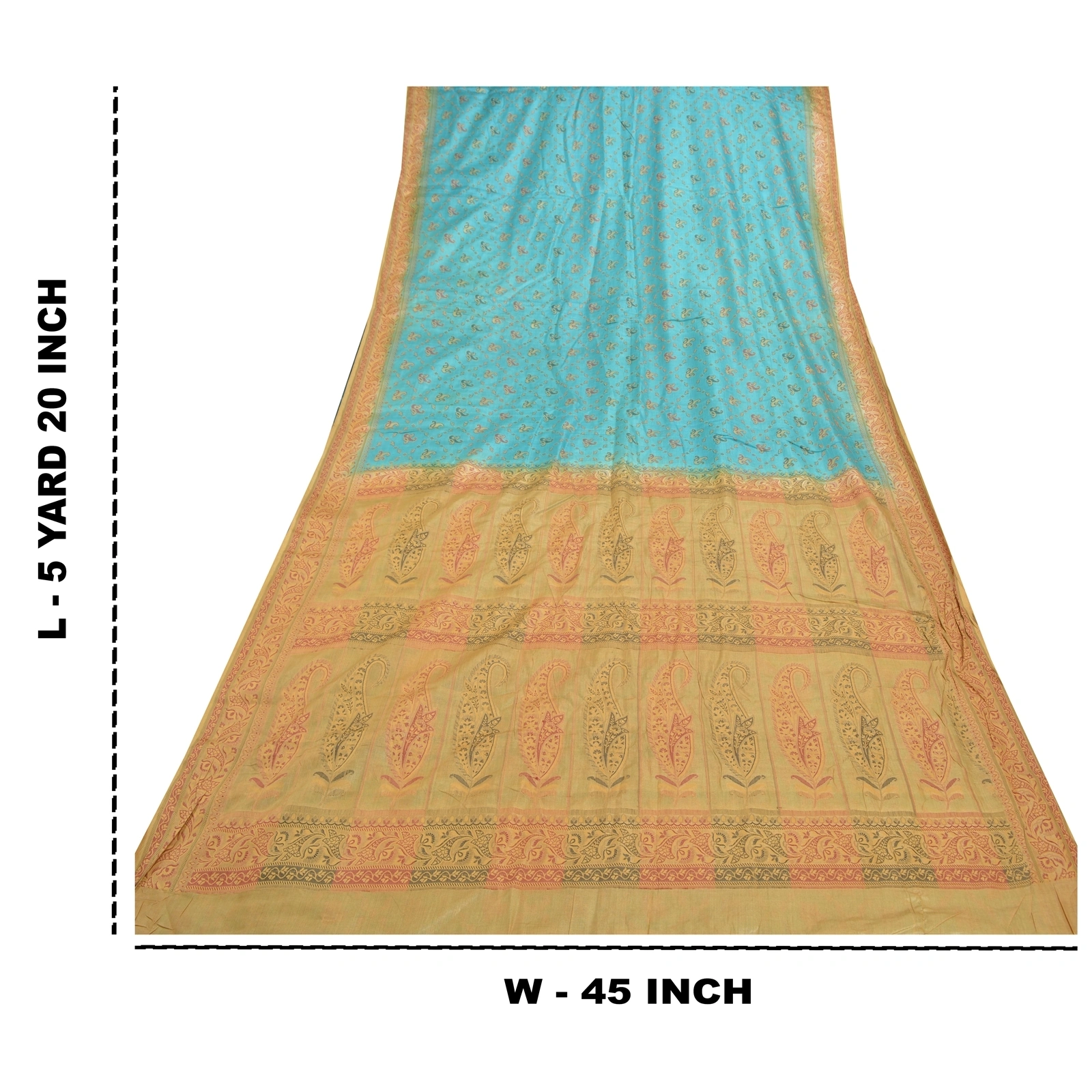 Sanskriti Vintage Turquoise Sarees Pure Silk Hand-Woven Premium Sari Fabric, PS-57713-Turquoise &amp; Cream-Hand-Woven Work-100% Pure Silk-10