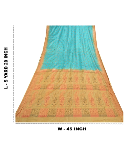 Sanskriti Vintage Turquoise Sarees Pure Silk Hand-Woven Premium Sari Fabric, PS-57713-Turquoise &amp; Cream-Hand-Woven Work-100% Pure Silk-10