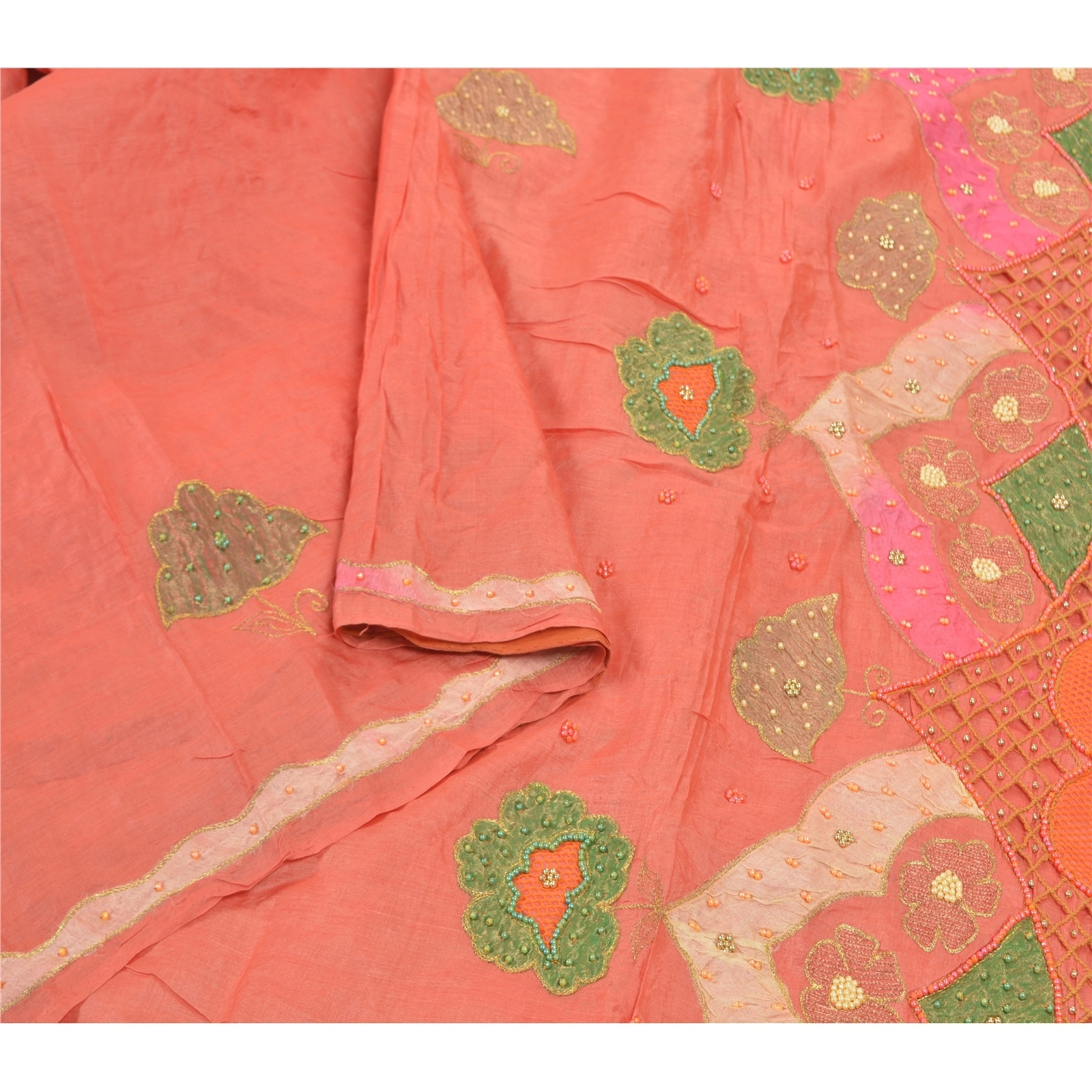 Sanskriti Vintage Peach Sarees 100% Pure Silk Hand Beaded Sari Craft Fabric, PS-57715-Peach-Beaded Work-100% Pure Silk-1