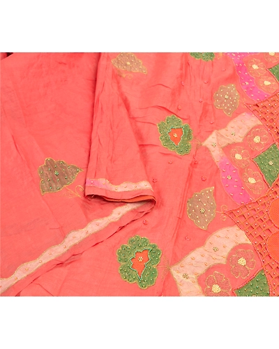 Sanskriti Vintage Peach Sarees 100% Pure Silk Hand Beaded Sari Craft Fabric, PS-57715-Peach-Beaded Work-100% Pure Silk-1