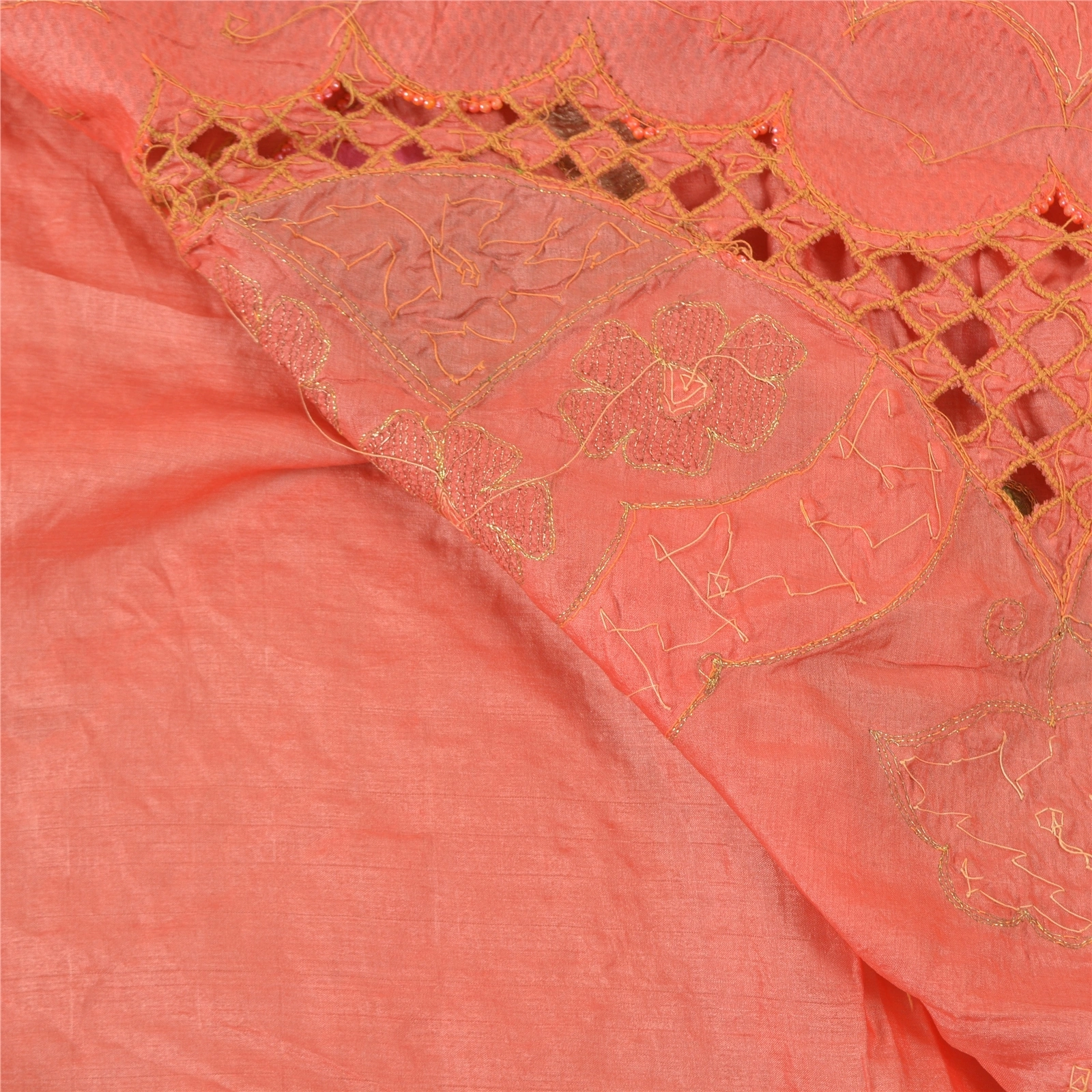 Sanskriti Vintage Peach Sarees 100% Pure Silk Hand Beaded Sari Craft Fabric, PS-57715-Peach-Beaded Work-100% Pure Silk-2