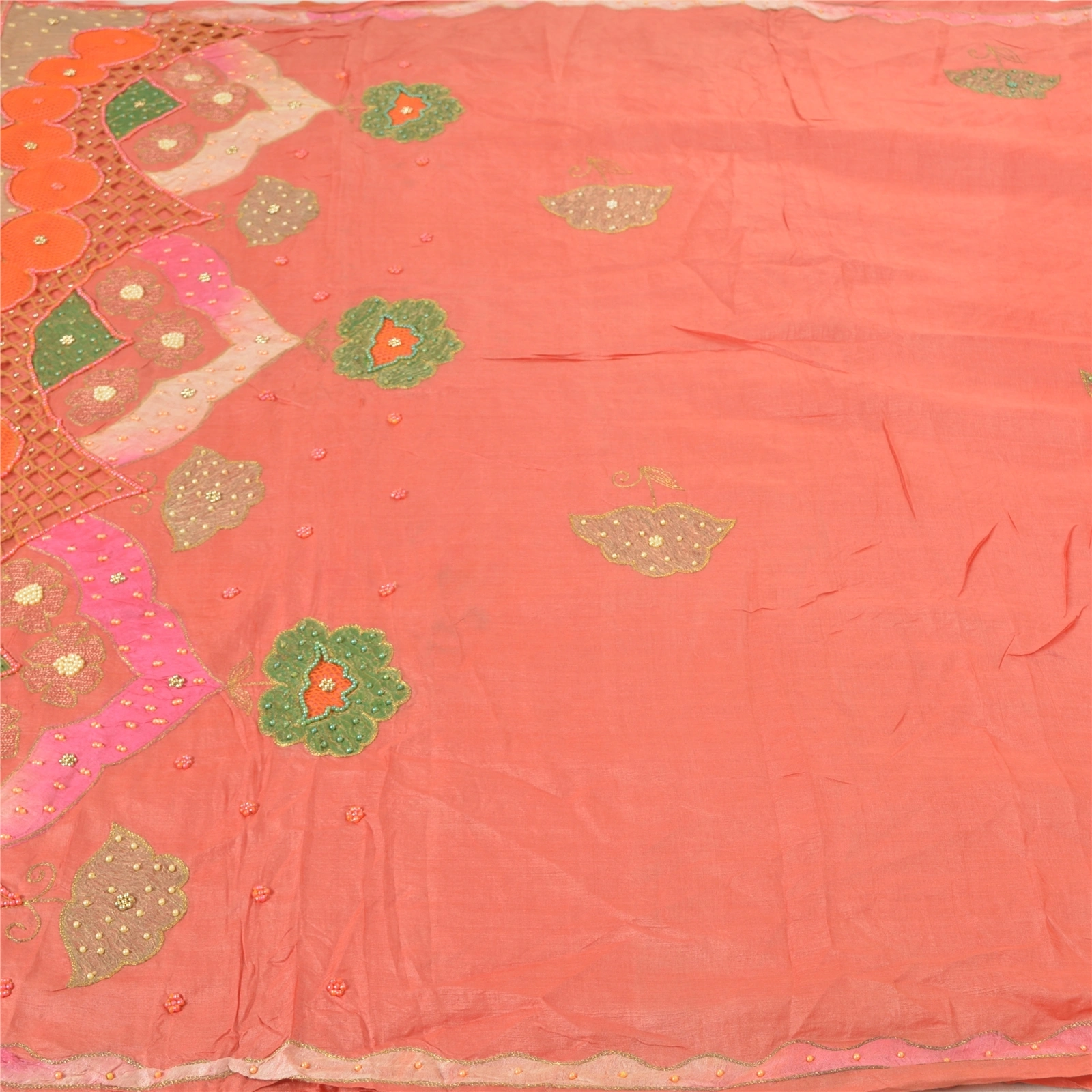 Sanskriti Vintage Peach Sarees 100% Pure Silk Hand Beaded Sari Craft Fabric, PS-57715-Peach-Beaded Work-100% Pure Silk-3