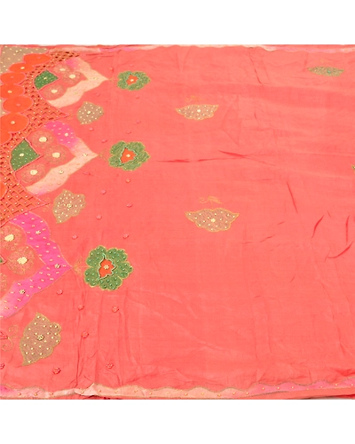 Sanskriti Vintage Peach Sarees 100% Pure Silk Hand Beaded Sari Craft Fabric, PS-57715-Peach-Beaded Work-100% Pure Silk-3