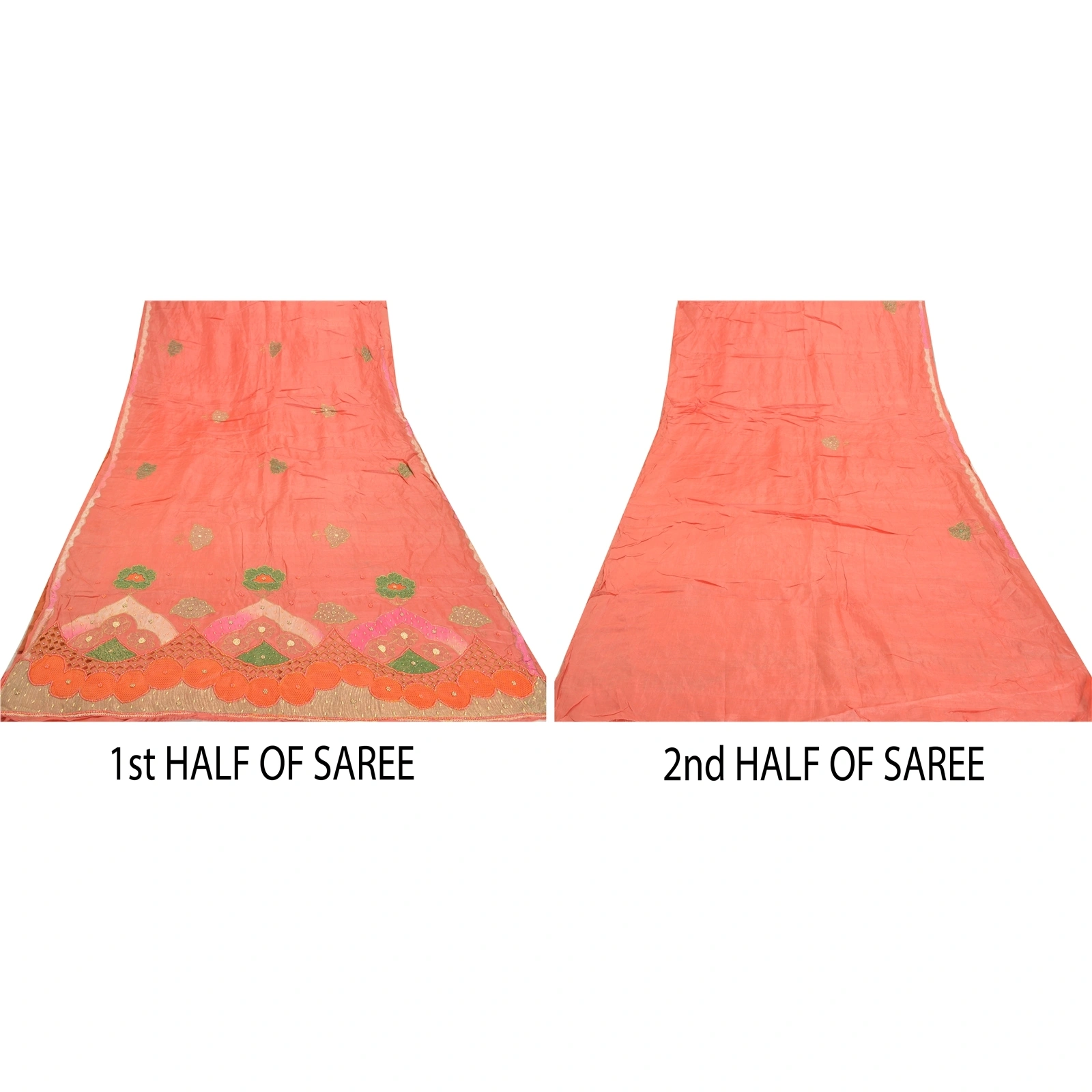 Sanskriti Vintage Peach Sarees 100% Pure Silk Hand Beaded Sari Craft Fabric, PS-57715-Peach-Beaded Work-100% Pure Silk-5