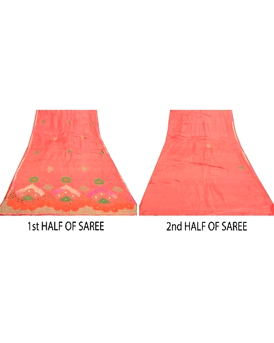 Sanskriti Vintage Peach Sarees 100% Pure Silk Hand Beaded Sari Craft Fabric, PS-57715-Peach-Beaded Work-100% Pure Silk-5