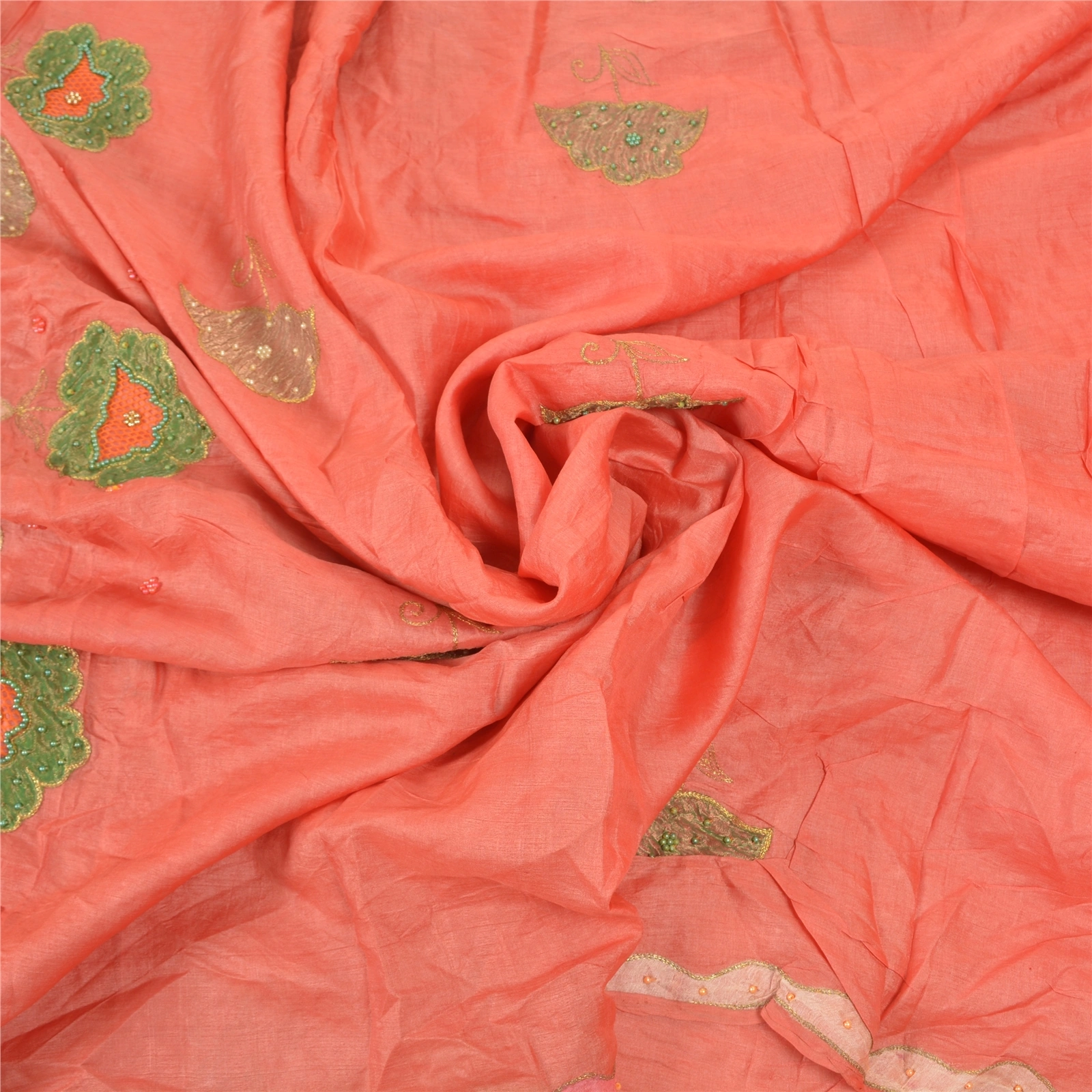 Sanskriti Vintage Peach Sarees 100% Pure Silk Hand Beaded Sari Craft Fabric, PS-57715-Peach-Beaded Work-100% Pure Silk-6