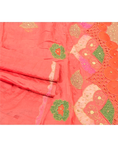 Sanskriti Vintage Peach Sarees 100% Pure Silk Hand Beaded Sari Craft Fabric, PS-57715-Peach-Beaded Work-100% Pure Silk-7