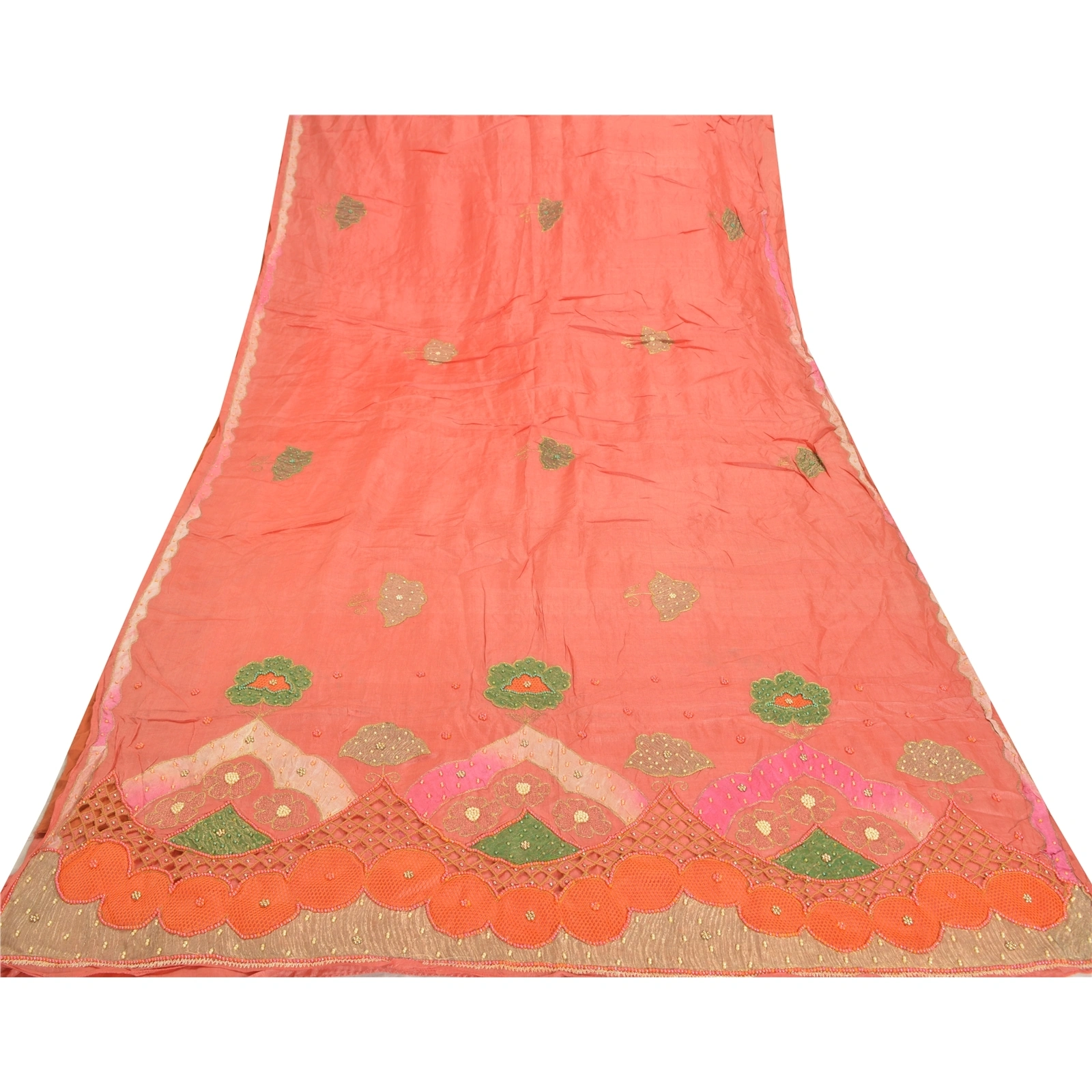 Sanskriti Vintage Peach Sarees 100% Pure Silk Hand Beaded Sari Craft Fabric, PS-57715-Peach-Beaded Work-100% Pure Silk-8