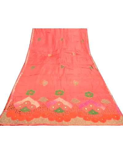 Sanskriti Vintage Peach Sarees 100% Pure Silk Hand Beaded Sari Craft Fabric, PS-57715-Peach-Beaded Work-100% Pure Silk-8