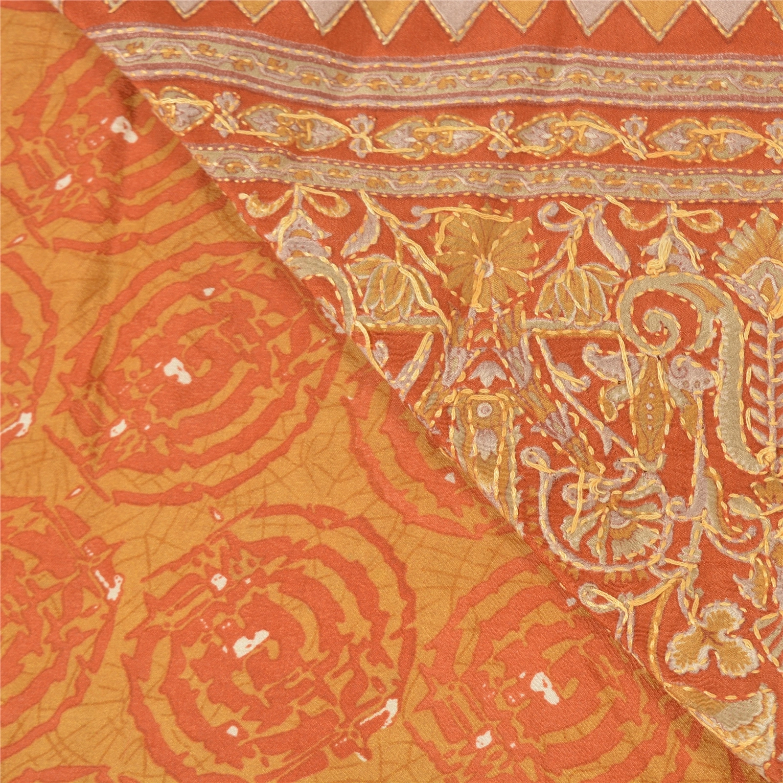 Sanskriti Vintage Orange Sarees Pure Silk Sari Hand Beaded Kantha 5 Yard Fabric, PS-57723-Shade Of Orange-Thread Work-100% Pure Silk-2