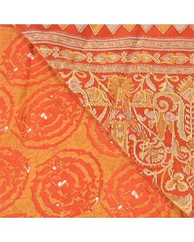 Sanskriti Vintage Orange Sarees Pure Silk Sari Hand Beaded Kantha 5 Yard Fabric, PS-57723-Shade Of Orange-Thread Work-100% Pure Silk-2
