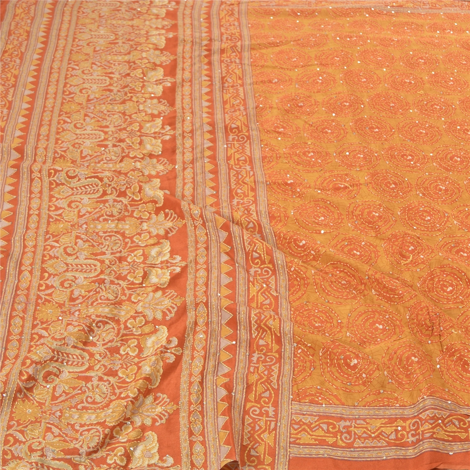 Sanskriti Vintage Orange Sarees Pure Silk Sari Hand Beaded Kantha 5 Yard Fabric, PS-57723-Shade Of Orange-Thread Work-100% Pure Silk-3