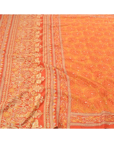 Sanskriti Vintage Orange Sarees Pure Silk Sari Hand Beaded Kantha 5 Yard Fabric, PS-57723-Shade Of Orange-Thread Work-100% Pure Silk-3