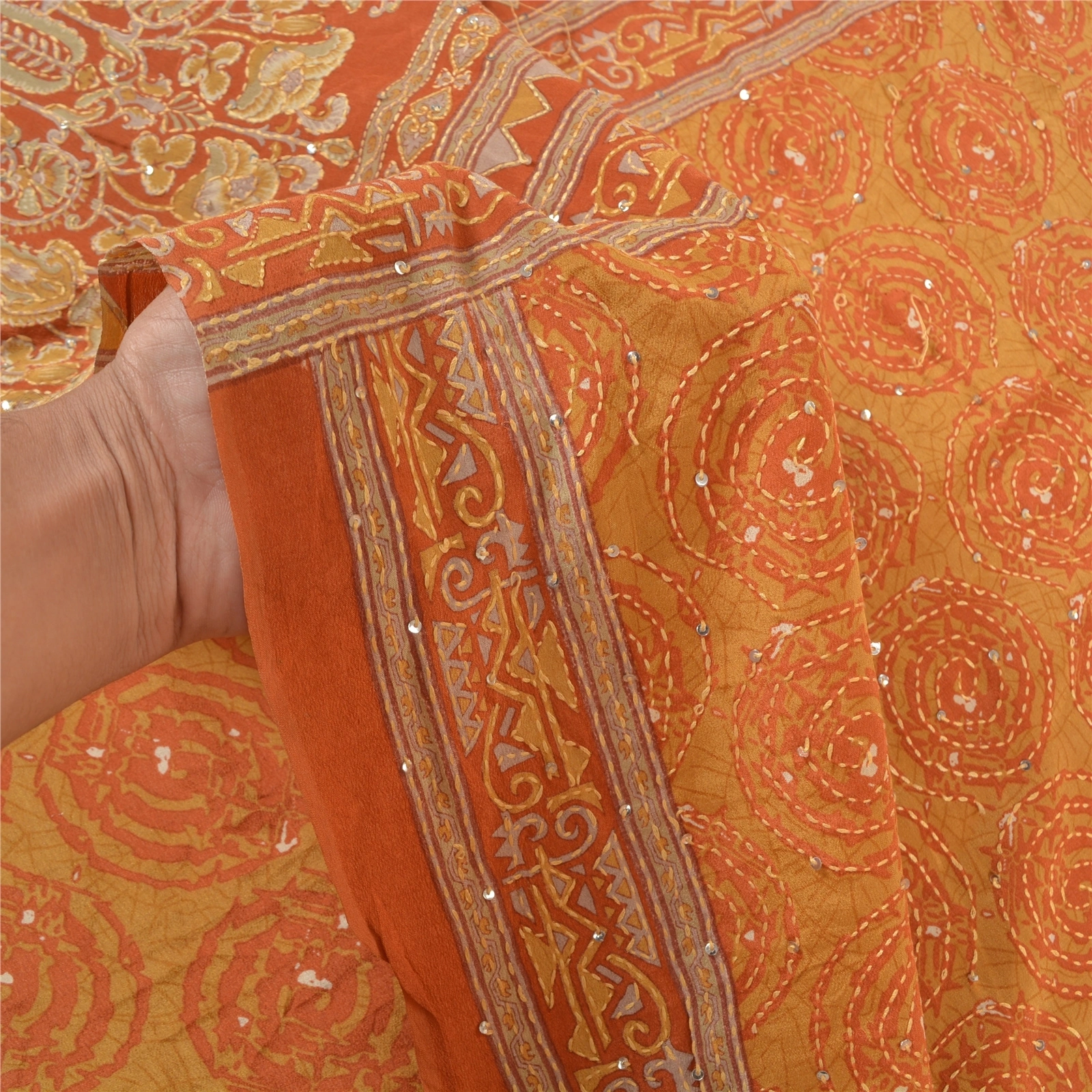 Sanskriti Vintage Orange Sarees Pure Silk Sari Hand Beaded Kantha 5 Yard Fabric, PS-57723-Shade Of Orange-Thread Work-100% Pure Silk-4