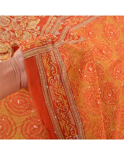 Sanskriti Vintage Orange Sarees Pure Silk Sari Hand Beaded Kantha 5 Yard Fabric, PS-57723-Shade Of Orange-Thread Work-100% Pure Silk-4