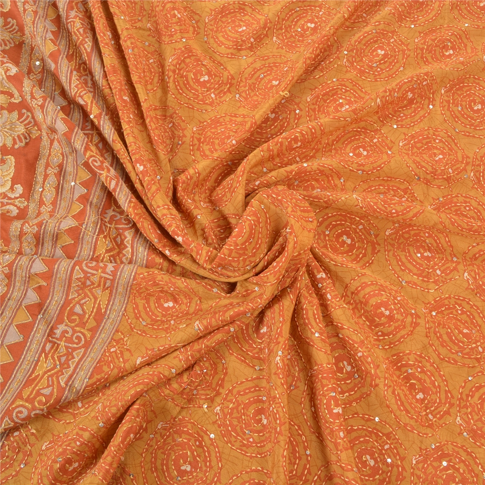 Sanskriti Vintage Orange Sarees Pure Silk Sari Hand Beaded Kantha 5 Yard Fabric, PS-57723-Shade Of Orange-Thread Work-100% Pure Silk-6