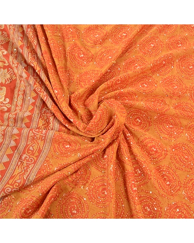Sanskriti Vintage Orange Sarees Pure Silk Sari Hand Beaded Kantha 5 Yard Fabric, PS-57723-Shade Of Orange-Thread Work-100% Pure Silk-6