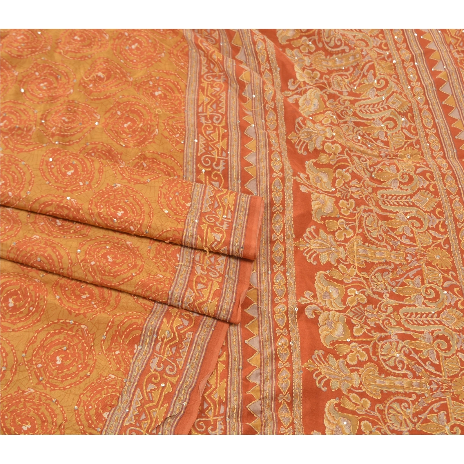 Sanskriti Vintage Orange Sarees Pure Silk Sari Hand Beaded Kantha 5 Yard Fabric, PS-57723-Shade Of Orange-Thread Work-100% Pure Silk-7