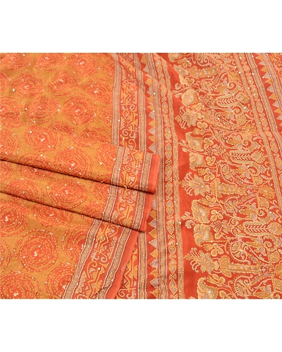Sanskriti Vintage Orange Sarees Pure Silk Sari Hand Beaded Kantha 5 Yard Fabric, PS-57723-Shade Of Orange-Thread Work-100% Pure Silk-7