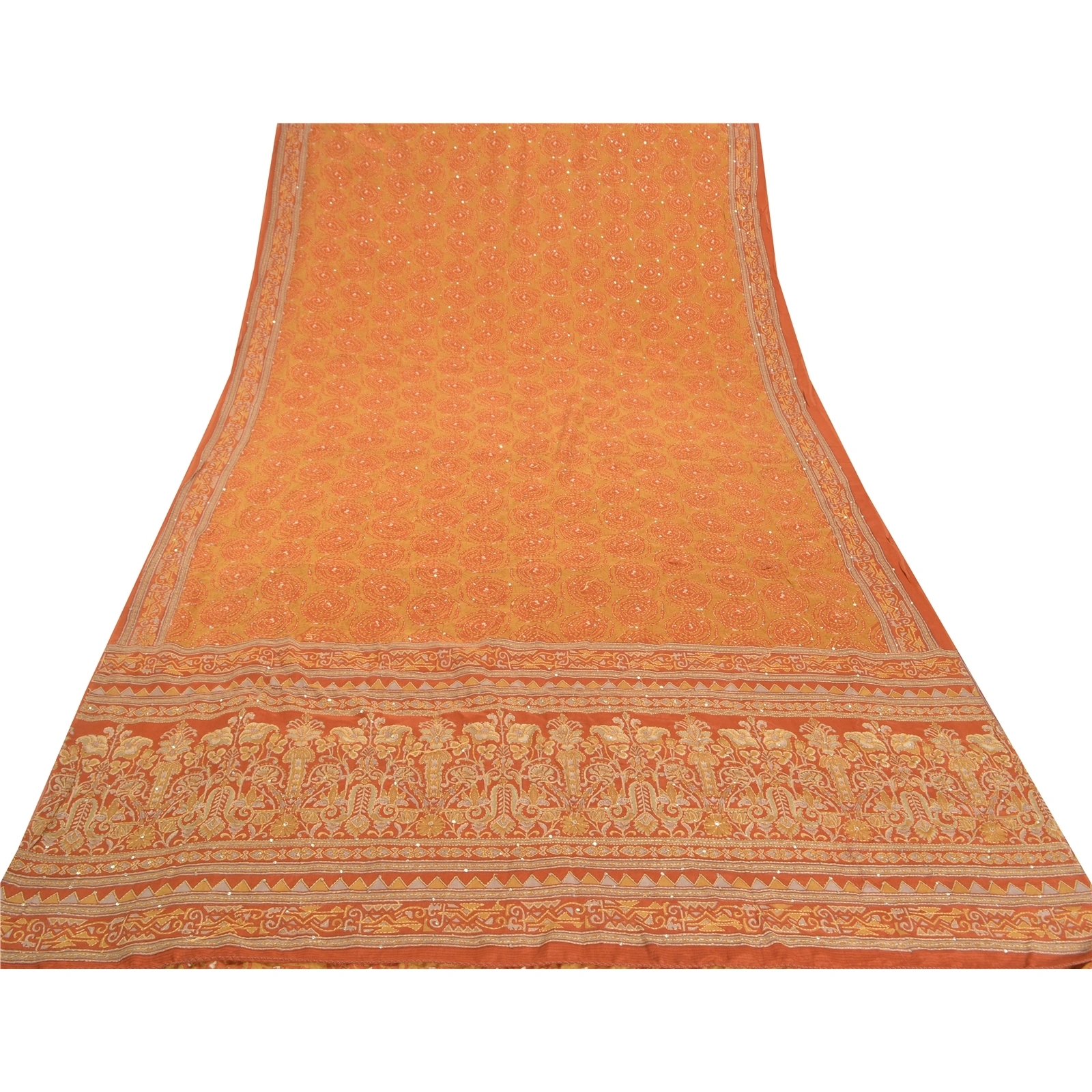 Sanskriti Vintage Orange Sarees Pure Silk Sari Hand Beaded Kantha 5 Yard Fabric, PS-57723-Shade Of Orange-Thread Work-100% Pure Silk-8