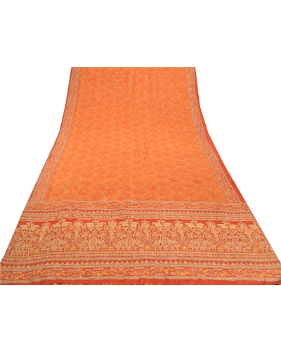 Sanskriti Vintage Orange Sarees Pure Silk Sari Hand Beaded Kantha 5 Yard Fabric, PS-57723-Shade Of Orange-Thread Work-100% Pure Silk-8