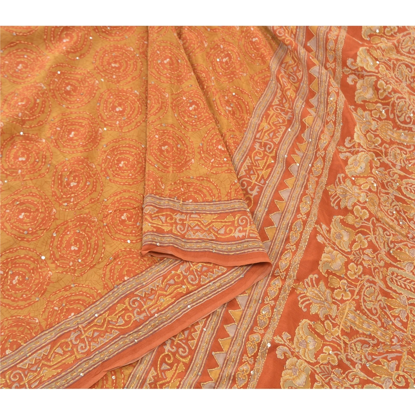 Sanskriti Vintage Orange Sarees Pure Silk Sari Hand Beaded Kantha 5 Yard Fabric, PS-57723-Shade Of Orange-Thread Work-100% Pure Silk-9