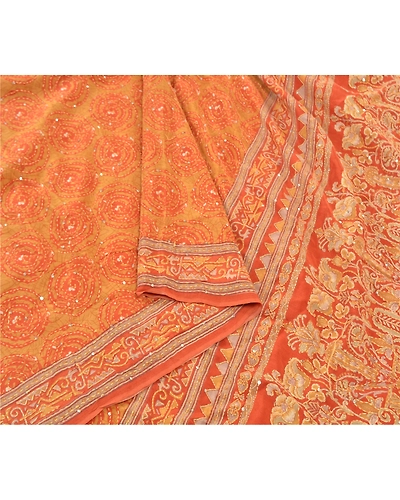 Sanskriti Vintage Orange Sarees Pure Silk Sari Hand Beaded Kantha 5 Yard Fabric, PS-57723-Shade Of Orange-Thread Work-100% Pure Silk-9