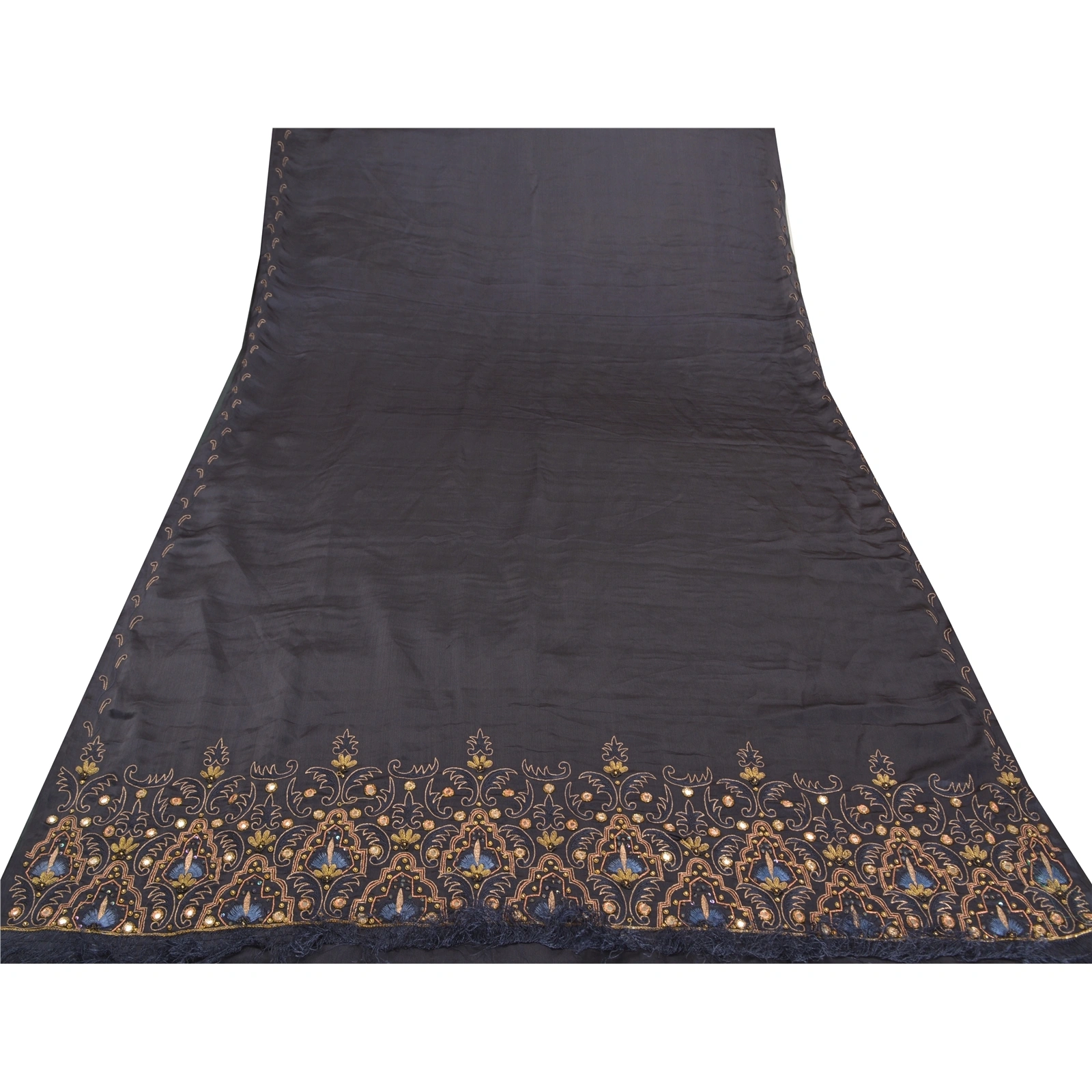 Sanskriti Vintage Black Sarees Art Silk Hand Beaded Premium Sari Mirror Fabric, PS-57736-Black-Mirror Work-Art (Artificial) Silk-8