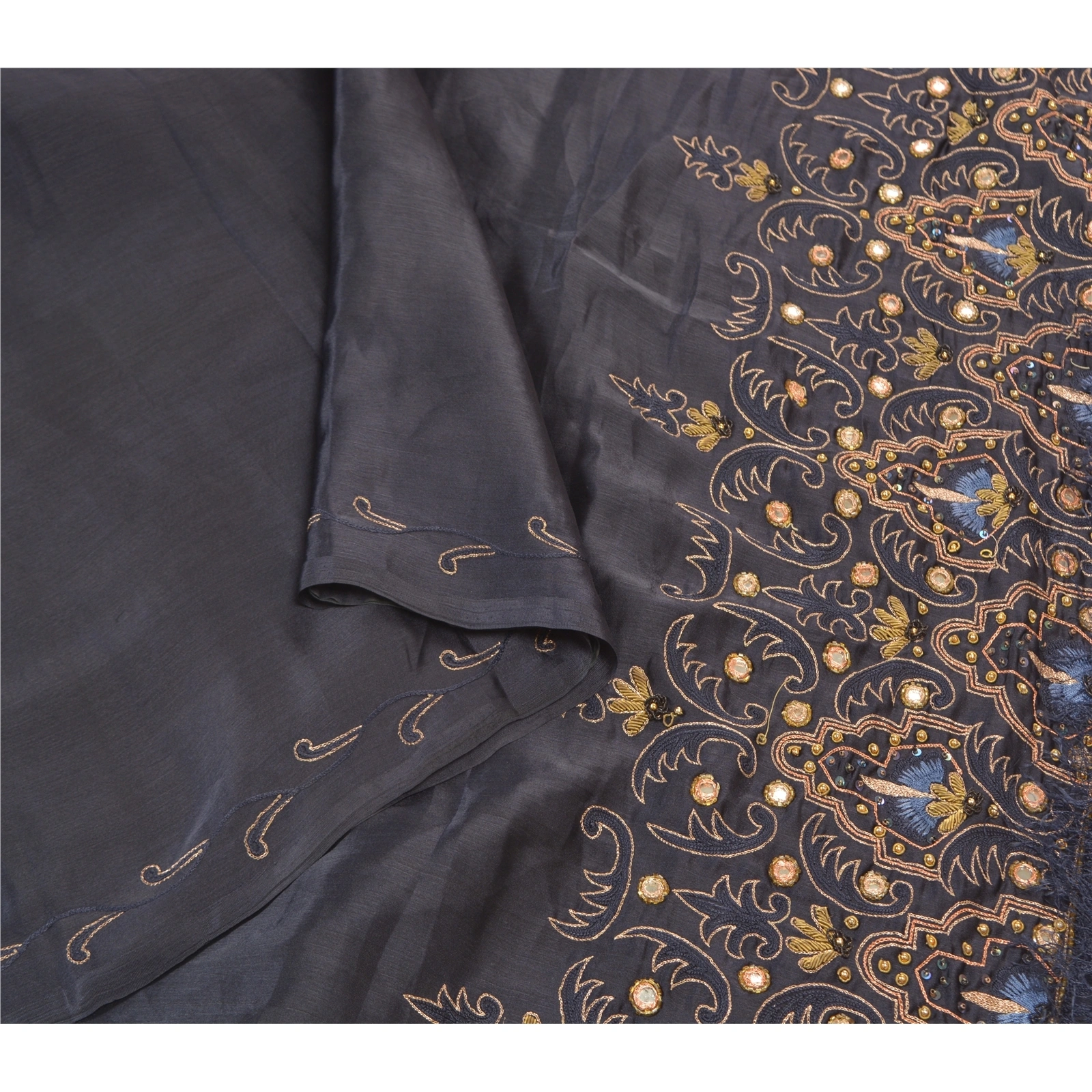 Sanskriti Vintage Black Sarees Art Silk Hand Beaded Premium Sari Mirror Fabric, PS-57736-Black-Mirror Work-Art (Artificial) Silk-9