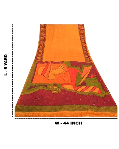 Sanskriti Vintage Saffron Sarees Pure Silk Hand Beaded Premium Sari Craft Fabric, PS-57737-Saffron-Thread Work-100% Pure Silk-1