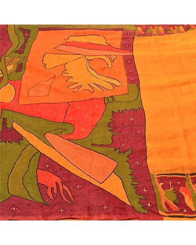 Sanskriti Vintage Saffron Sarees Pure Silk Hand Beaded Premium Sari Craft Fabric, PS-57737-Saffron-Thread Work-100% Pure Silk-2