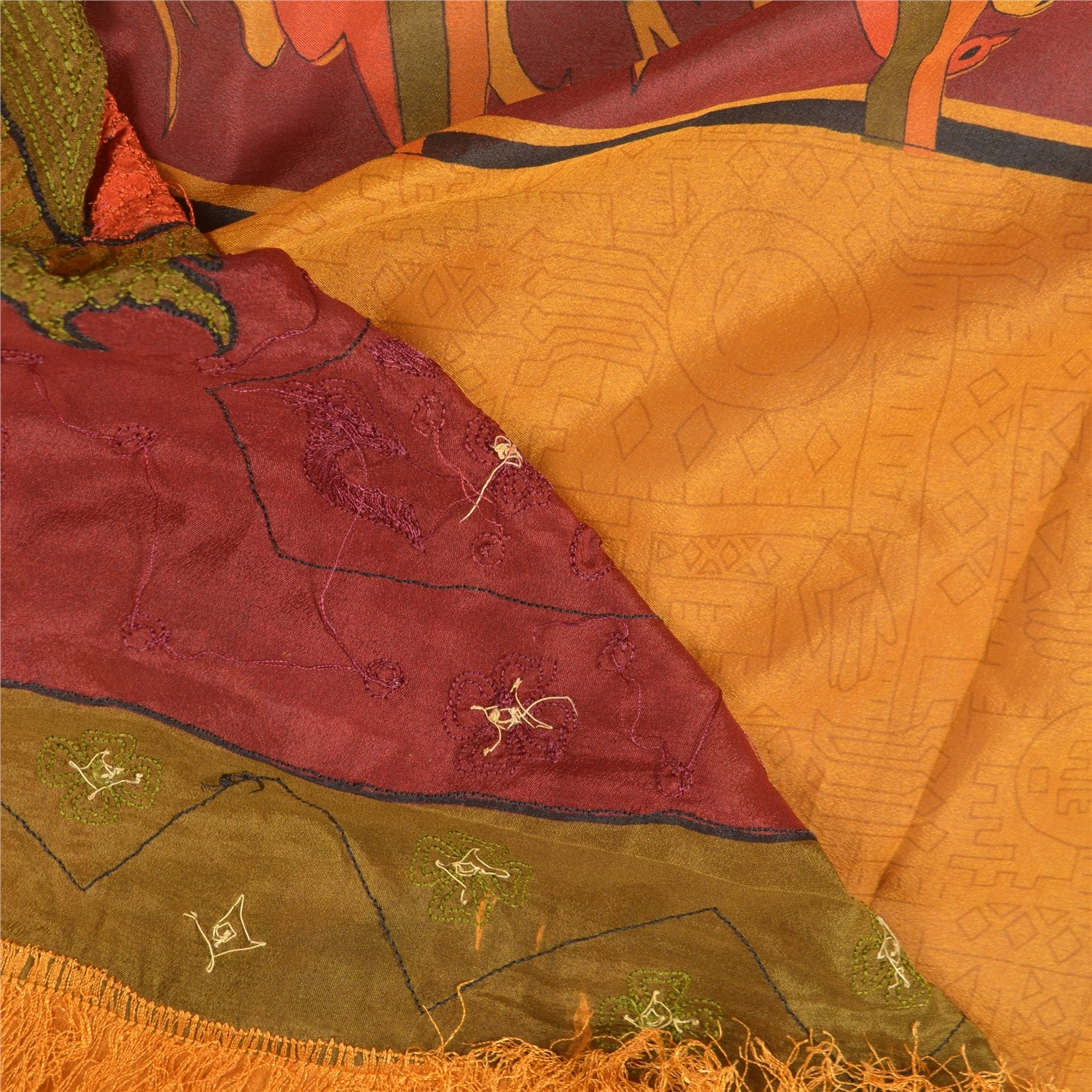 Sanskriti Vintage Saffron Sarees Pure Silk Hand Beaded Premium Sari Craft Fabric, PS-57737-Saffron-Thread Work-100% Pure Silk-3