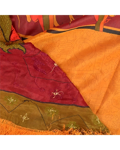 Sanskriti Vintage Saffron Sarees Pure Silk Hand Beaded Premium Sari Craft Fabric, PS-57737-Saffron-Thread Work-100% Pure Silk-3