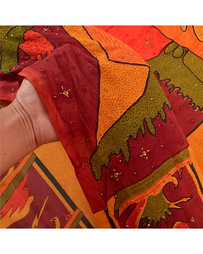 Sanskriti Vintage Saffron Sarees Pure Silk Hand Beaded Premium Sari Craft Fabric, PS-57737-Saffron-Thread Work-100% Pure Silk-4