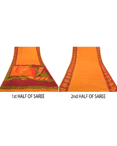Sanskriti Vintage Saffron Sarees Pure Silk Hand Beaded Premium Sari Craft Fabric, PS-57737-Saffron-Thread Work-100% Pure Silk-5