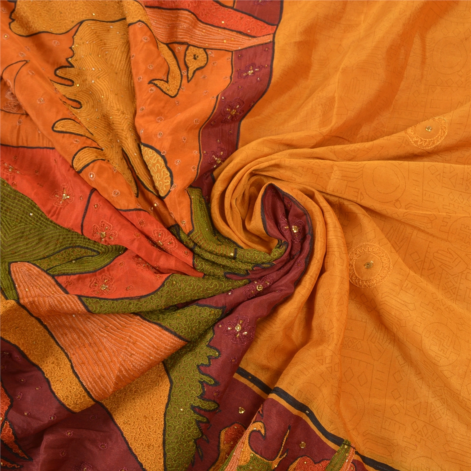 Sanskriti Vintage Saffron Sarees Pure Silk Hand Beaded Premium Sari Craft Fabric, PS-57737-Saffron-Thread Work-100% Pure Silk-6