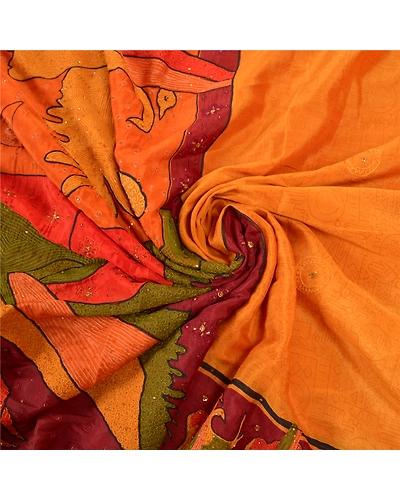 Sanskriti Vintage Saffron Sarees Pure Silk Hand Beaded Premium Sari Craft Fabric, PS-57737-Saffron-Thread Work-100% Pure Silk-6