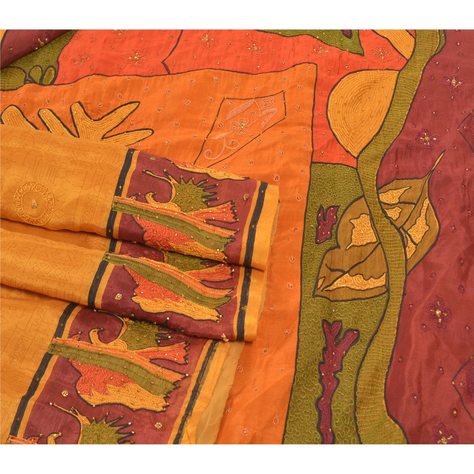 Sanskriti Vintage Saffron Sarees Pure Silk Hand Beaded Premium Sari Craft Fabric, PS-57737-Saffron-Thread Work-100% Pure Silk-7