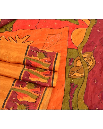 Sanskriti Vintage Saffron Sarees Pure Silk Hand Beaded Premium Sari Craft Fabric, PS-57737-Saffron-Thread Work-100% Pure Silk-7