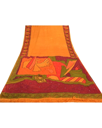 Sanskriti Vintage Saffron Sarees Pure Silk Hand Beaded Premium Sari Craft Fabric, PS-57737-Saffron-Thread Work-100% Pure Silk-8