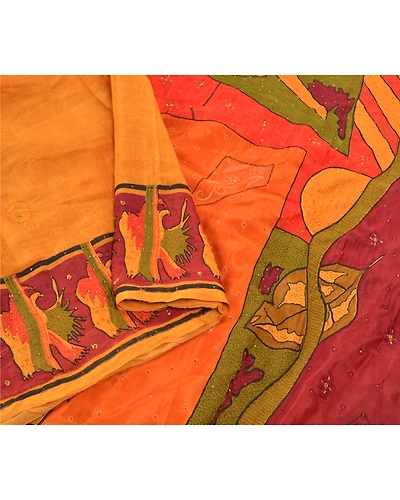 Sanskriti Vintage Saffron Sarees Pure Silk Hand Beaded Premium Sari Craft Fabric, PS-57737-Saffron-Thread Work-100% Pure Silk-9