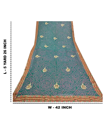 Sanskriti Vintage Green Sarees Blend Georgette Hand Beaded Bandhani Sari Fabric, PS-57738-Shade Of Green-Bandhani Print Work-Blend Georgette &amp; Chiffon Silk-1
