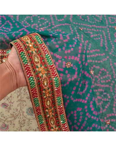 Sanskriti Vintage Green Sarees Blend Georgette Hand Beaded Bandhani Sari Fabric, PS-57738-Shade Of Green-Bandhani Print Work-Blend Georgette &amp; Chiffon Silk-4
