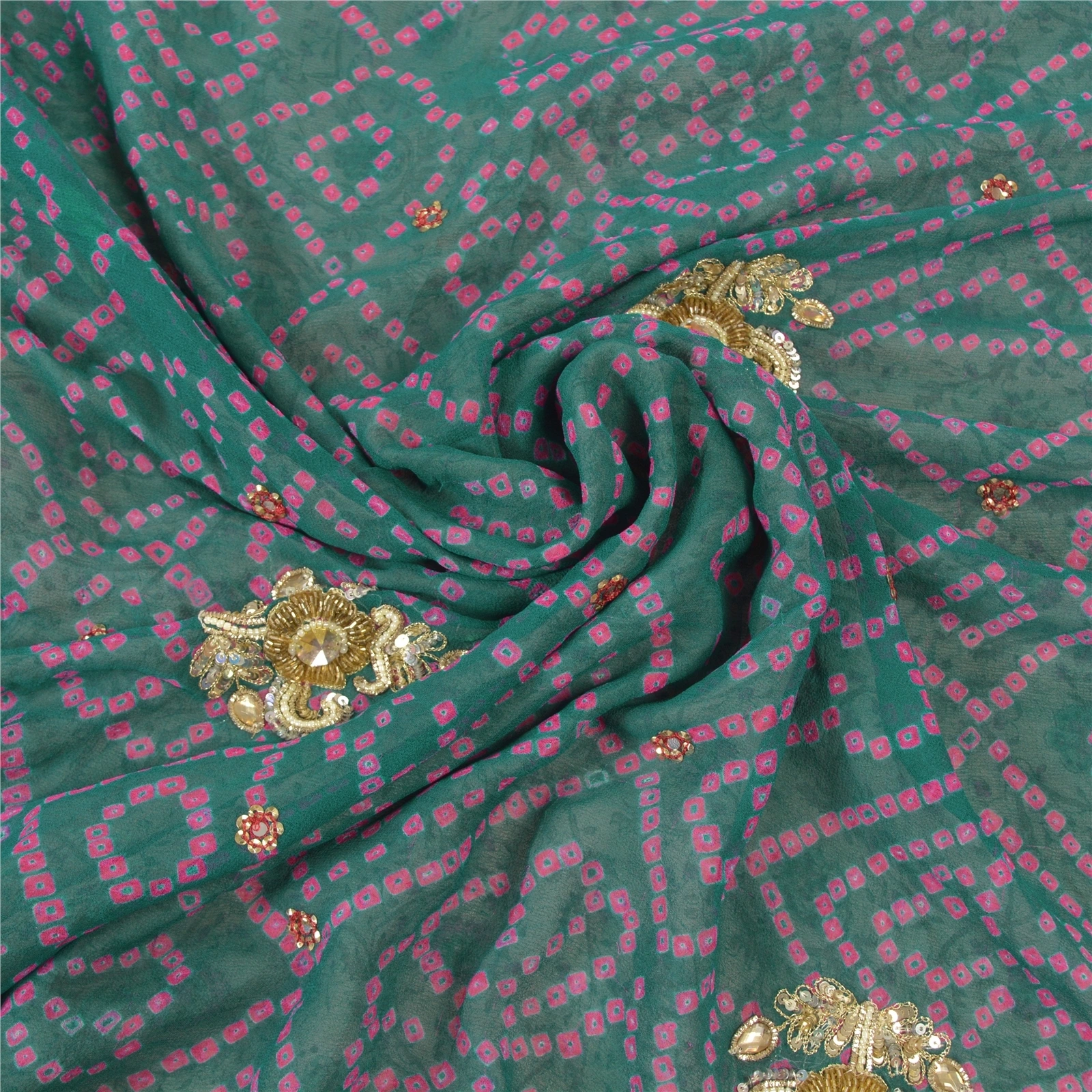 Sanskriti Vintage Green Sarees Blend Georgette Hand Beaded Bandhani Sari Fabric, PS-57738-Shade Of Green-Bandhani Print Work-Blend Georgette &amp; Chiffon Silk-6